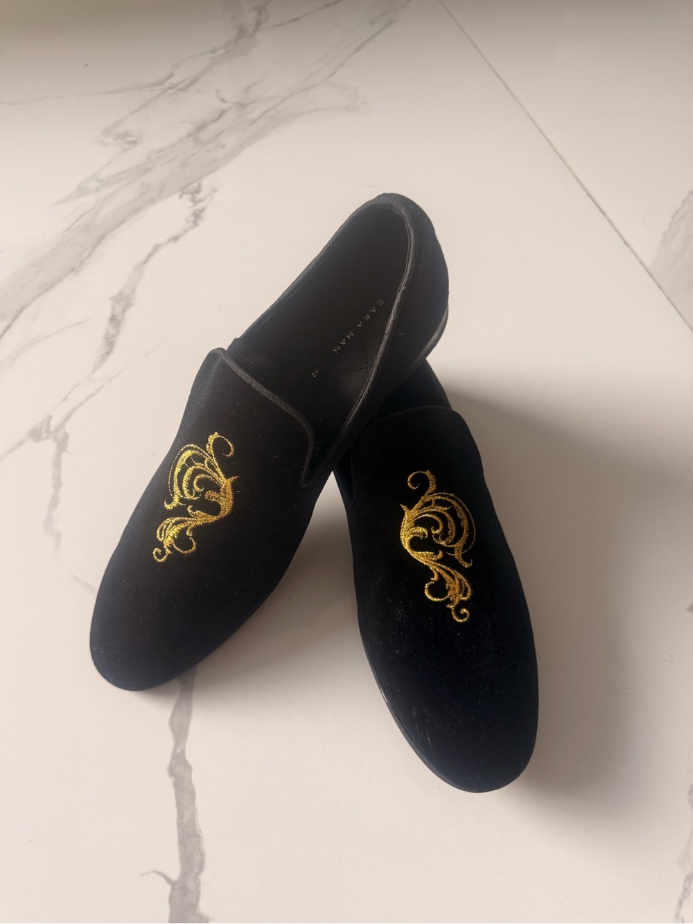 Zara Black Velvet Slip-On Loafers with Gold Embroidery